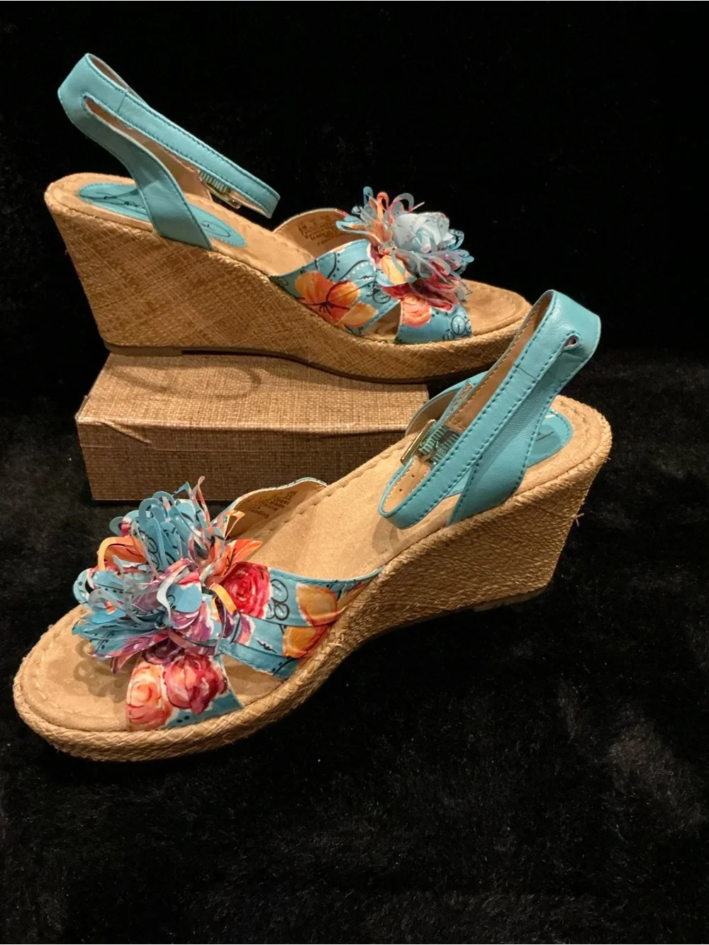 Naturalizer Teal Floral Slingback Sandals With Wedge Heel Size 8